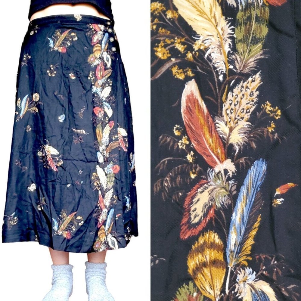 90s Medium Black Feather Print Boho Faux Wrap Midi Maxi Skirt Rayon USA